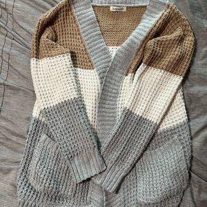 Paparazzi Women's Colorblock Cardigan - Brown, White, and Gray